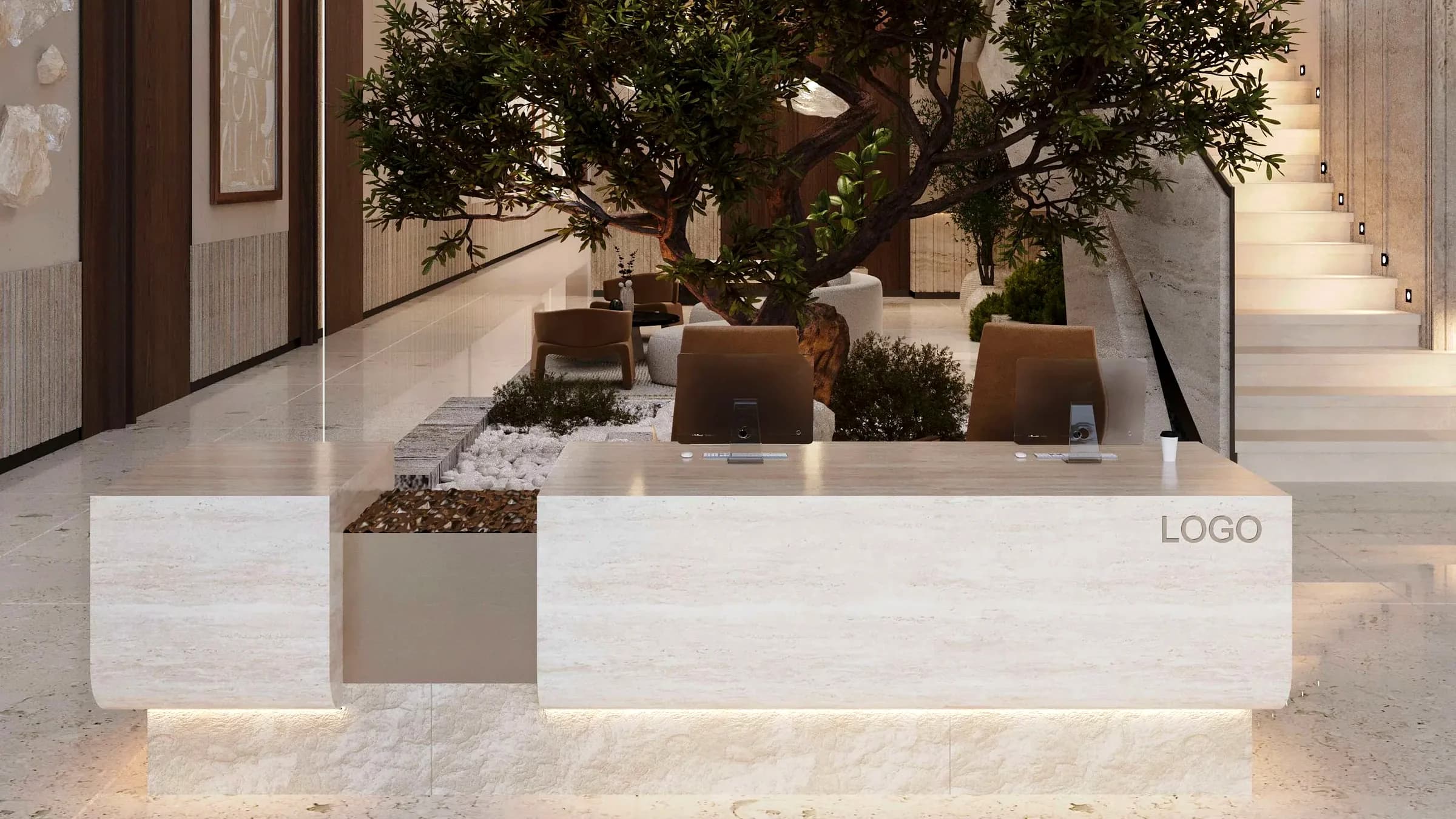 Travertine reception desk in the RIFTARA Al Yarmouk lobby
