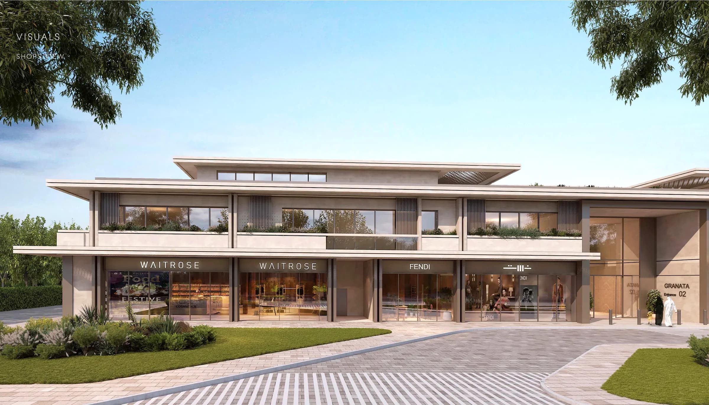 RIFTARA Granata office-and-retail frontage at dusk
