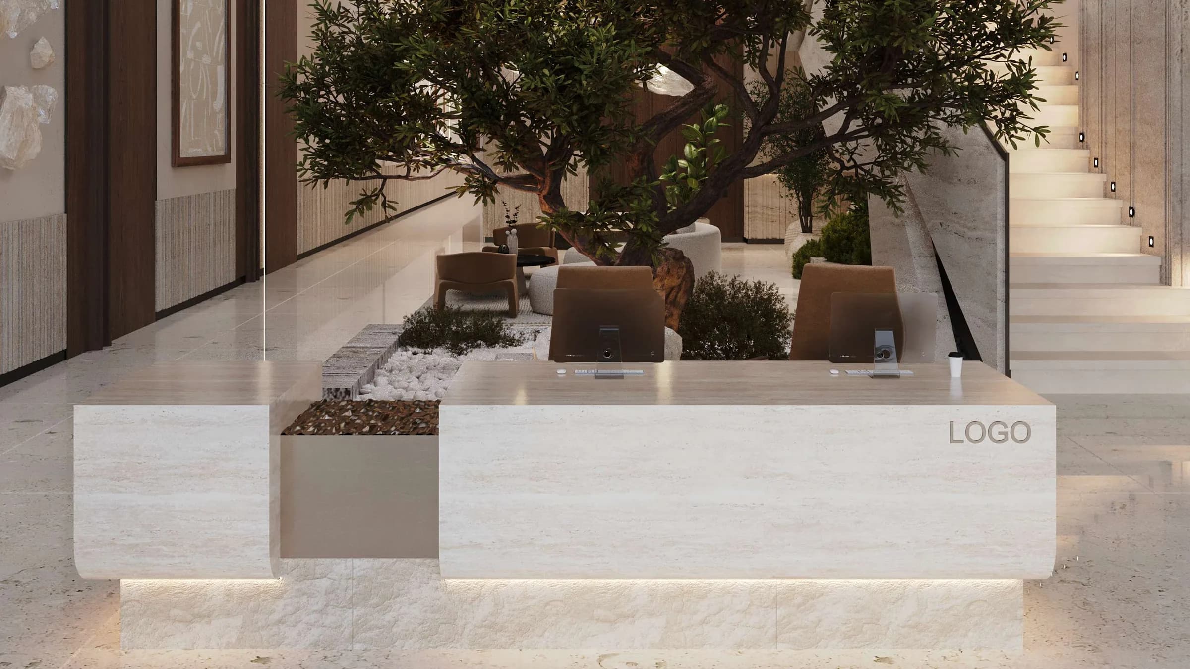 Travertine reception desk in the RIFTARA Al Yarmouk lobby